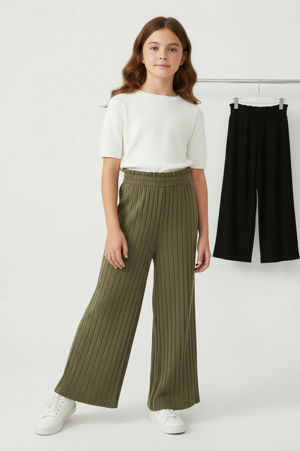 Pantalon Fluide Vert Côtelé Ample Tricoté Fille Décontracté - Kaki Maille