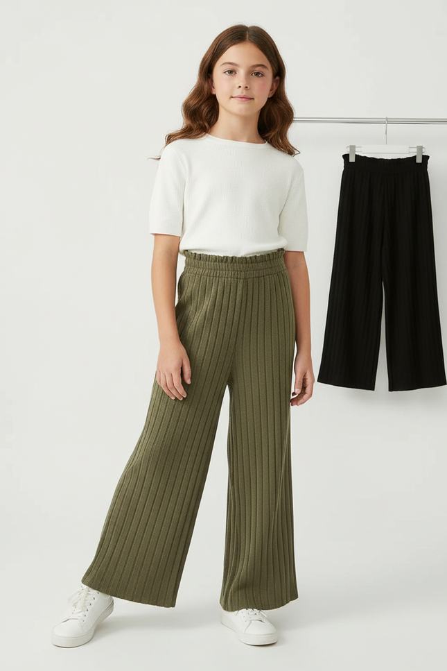 Pantalon Fluide Vert Côtelé Ample Tricoté Fille Décontracté - Kaki Maille