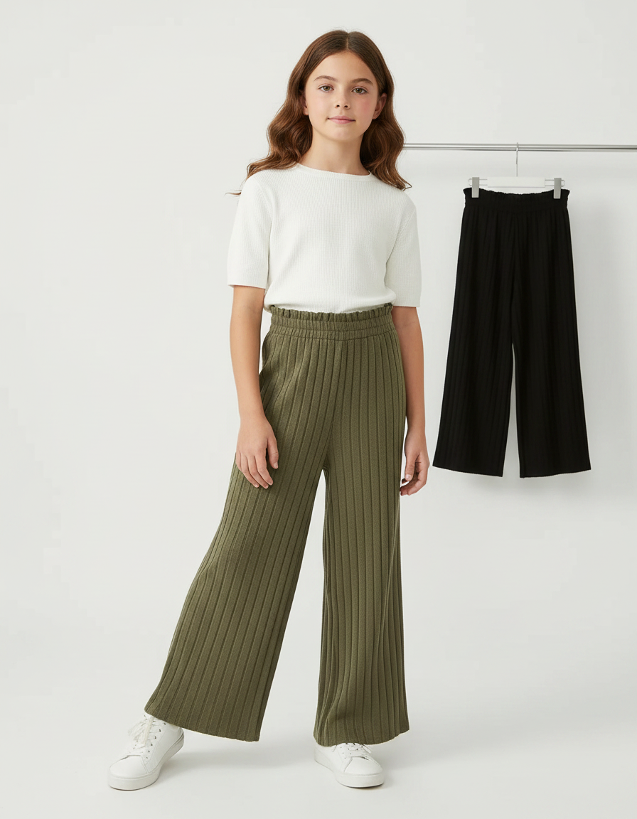 Pantalon Fluide Vert Côtelé Ample Tricoté Fille Décontracté - Kaki Maille