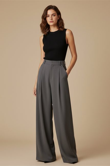 Pantalon Fluide Gris Ample Élégant Plissé Femme - Polyester