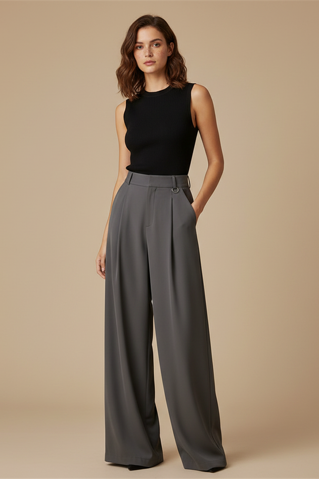 Pantalon Fluide Gris Ample Élégant Plissé Femme - Polyester