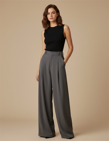 Pantalon Fluide Gris Ample Élégant Plissé Femme - Polyester