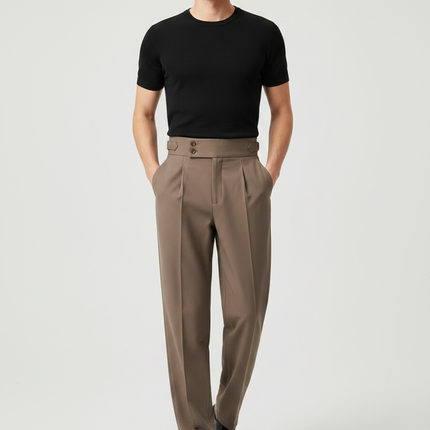 Pantalon Fluide Homme Marron Plissé Taille Haute Élégant - Gabardine