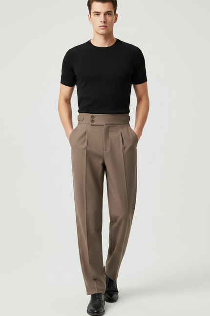 Pantalon Fluide Homme Marron Plissé Taille Haute Élégant - Gabardine