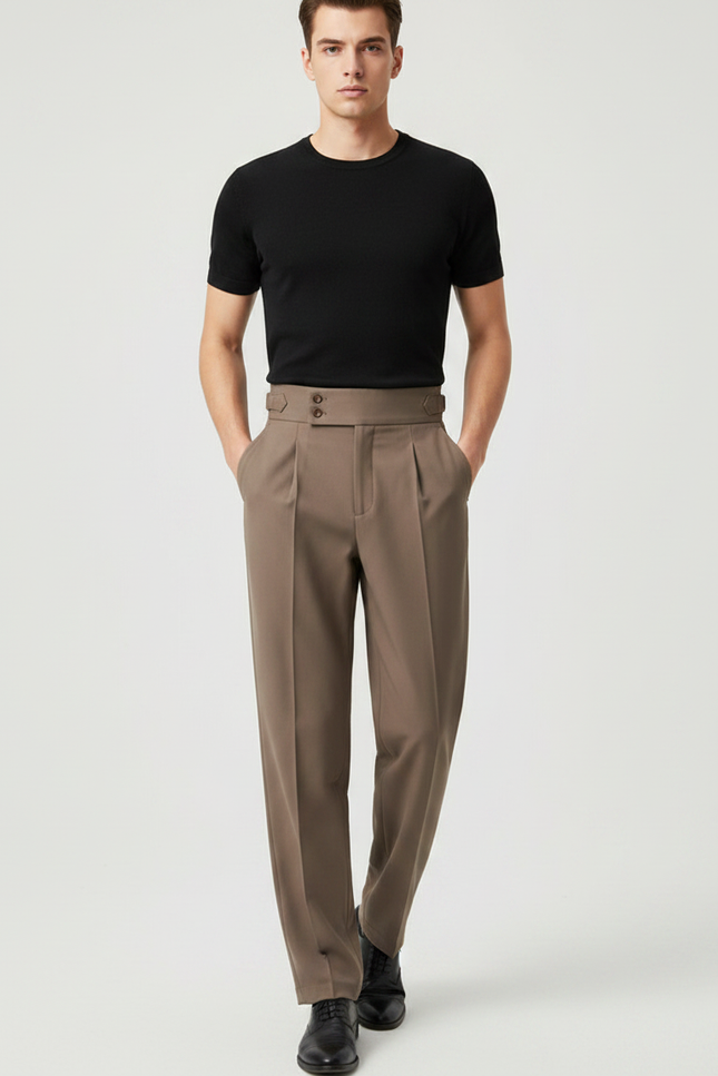 Pantalon Fluide Homme Marron Plissé Taille Haute Élégant - Gabardine