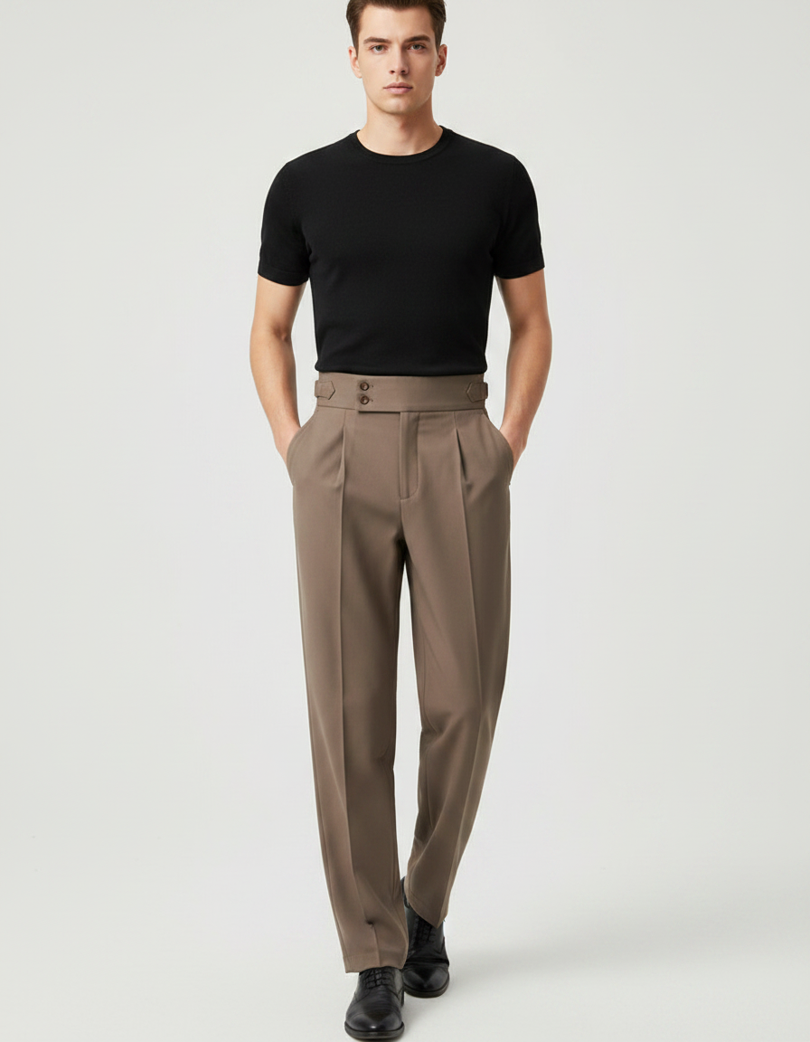 Pantalon Fluide Homme Marron Plissé Taille Haute Élégant - Gabardine