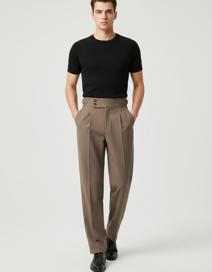 Pantalon Fluide Homme Marron Plissé Taille Haute Élégant - Gabardine