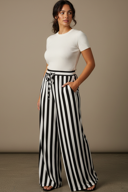 Pantalon Fluide Rayé Noir Blanc Ample Cordon - Multicolore Maille