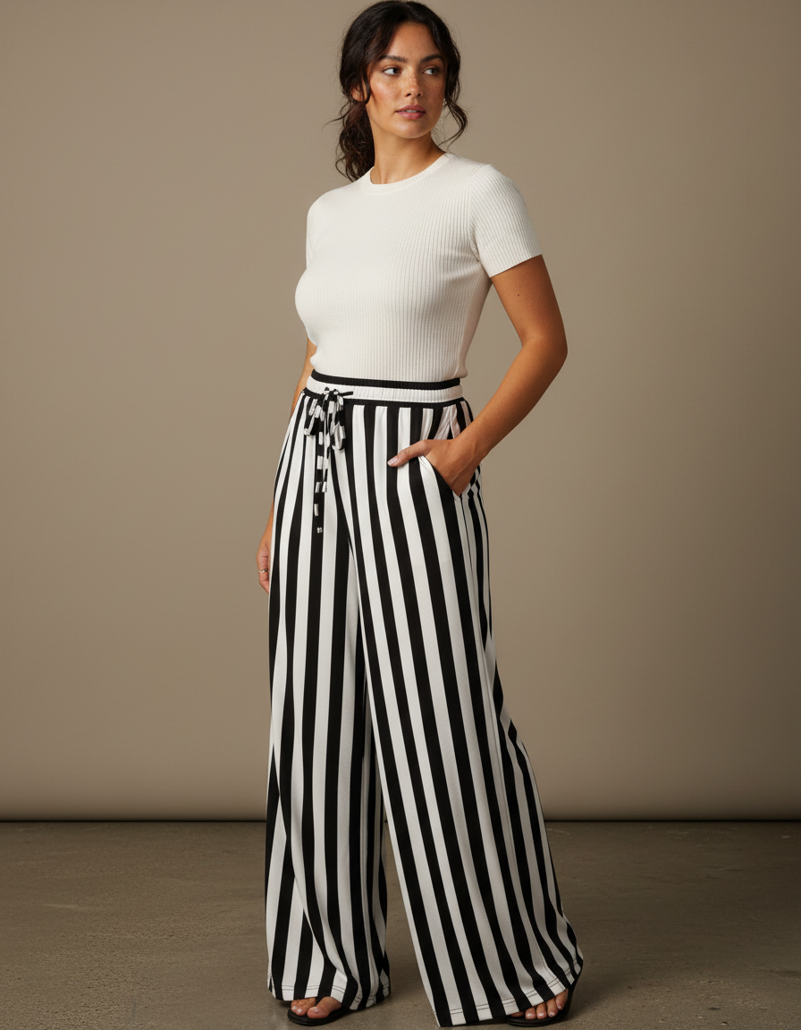 Pantalon Fluide Rayé Noir Blanc Ample Cordon - Multicolore Maille