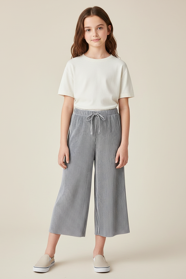 Pantalon Fluide Plissé Gris Ample Décontracté Fille - Polyester