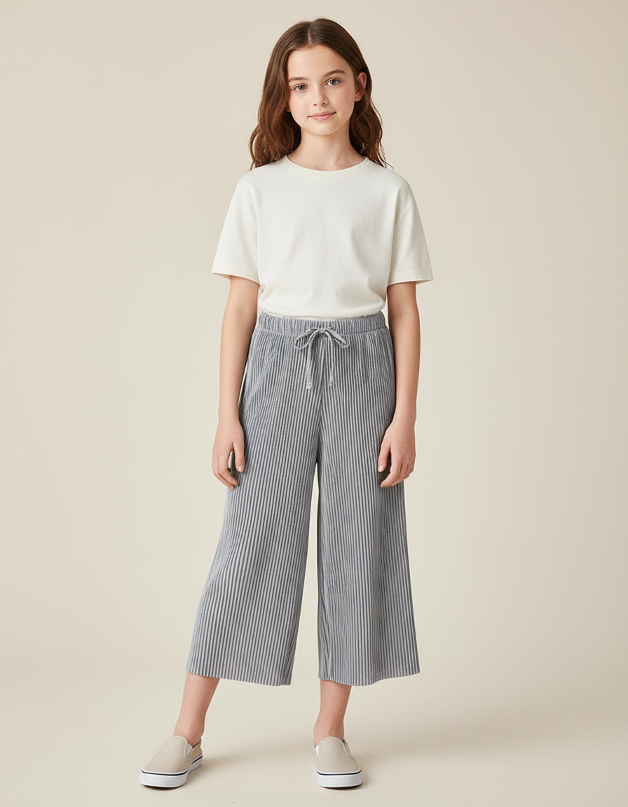 Pantalon Fluide Plissé Gris Ample Décontracté Fille - Polyester