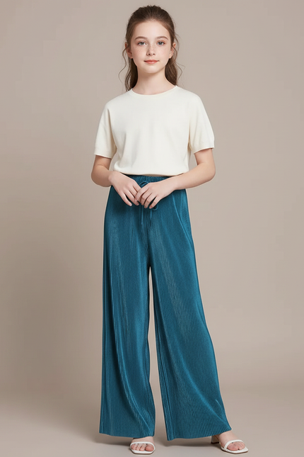 Pantalon Fluide Plissé Ample Taille Haute Bleu - Polyester
