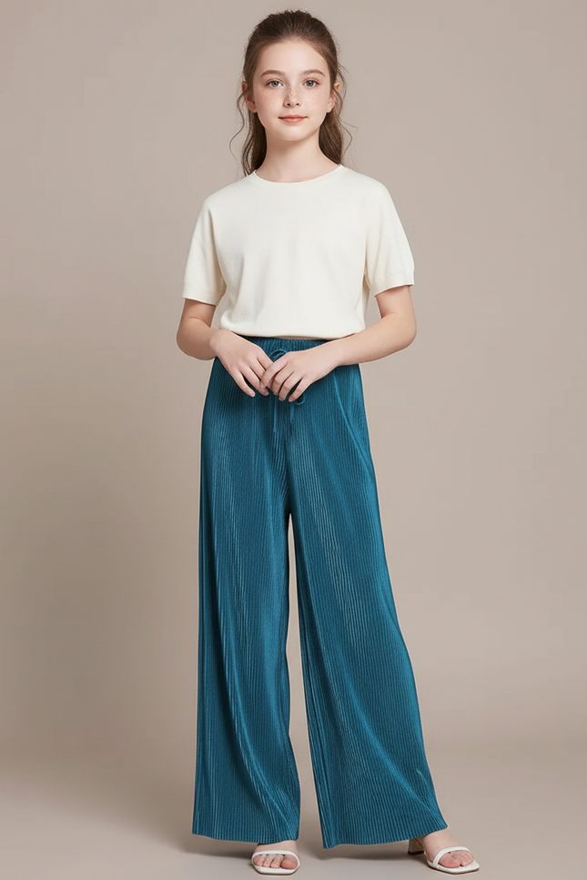 Pantalon Fluide Plissé Ample Taille Haute Bleu - Polyester
