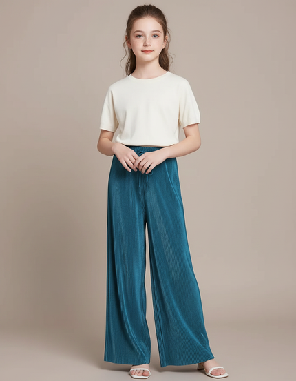 Pantalon Fluide Plissé Ample Taille Haute Bleu - Polyester
