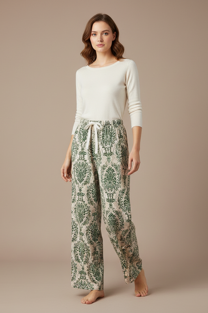 Pantalon Fluide Vert Imprimé Ample Bohème Femme - Viscose