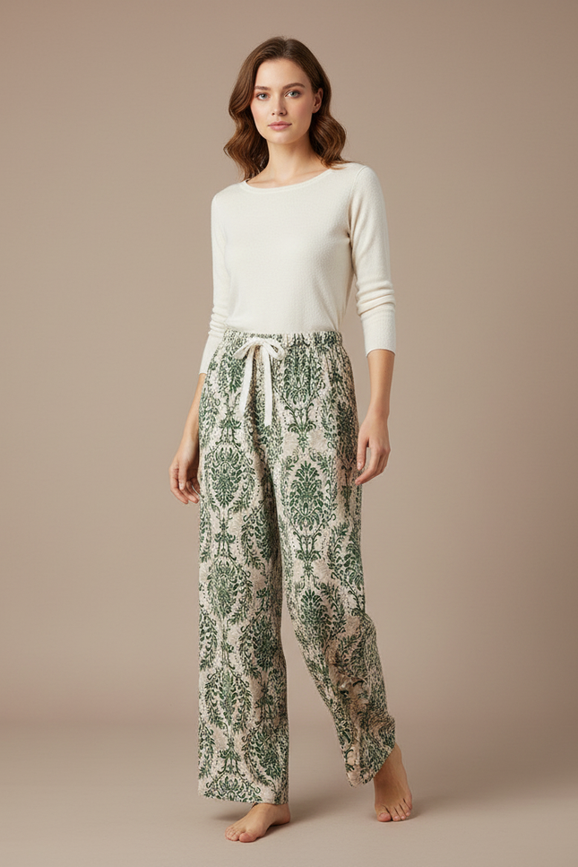 Pantalon Fluide Vert Imprimé Ample Bohème Femme - Viscose