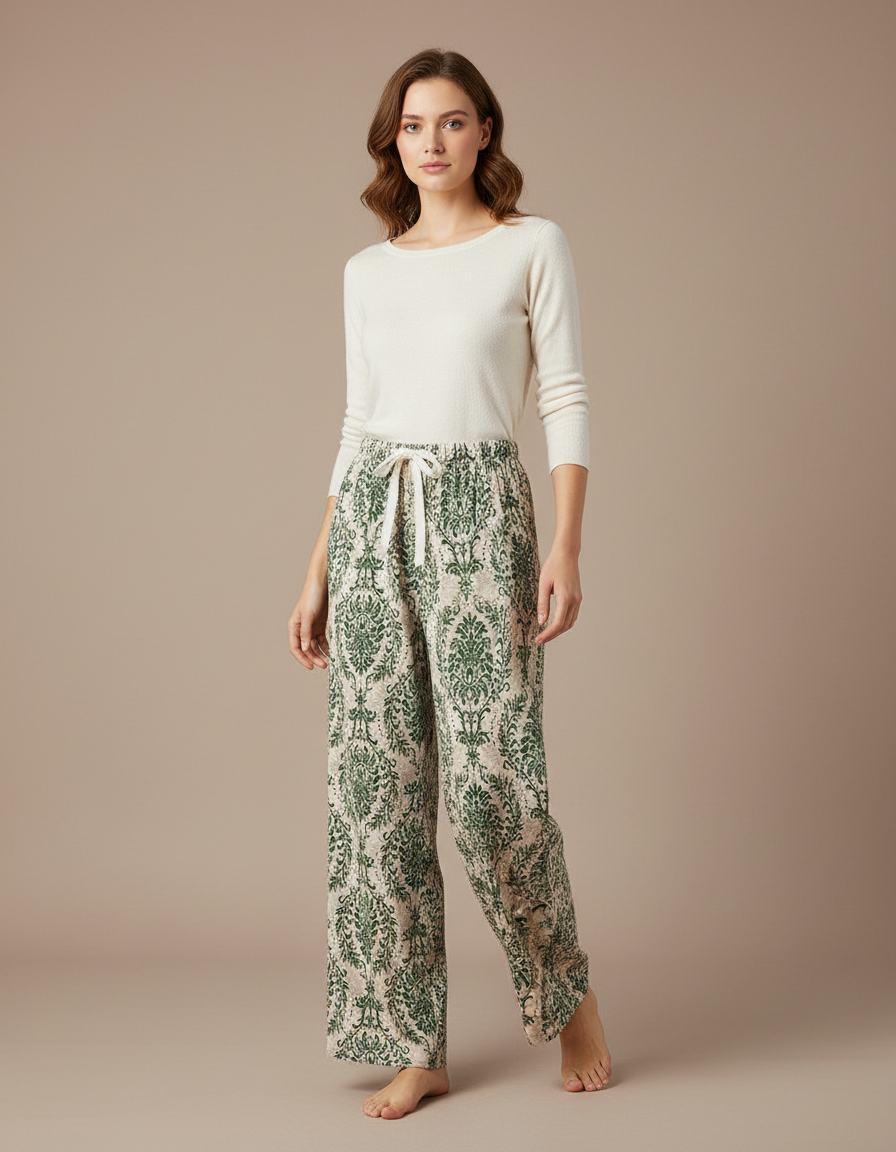 Pantalon Fluide Vert Imprimé Ample Bohème Femme - Viscose