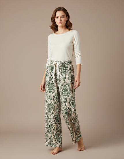 Pantalon Fluide Vert Imprimé Ample Bohème Femme - Viscose