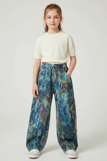 Pantalon Fluide Imprimé Abstrait Ample Décontracté Enfant - Multicolore Jean
