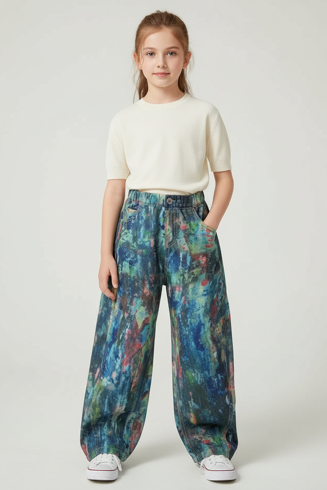 Pantalon Fluide Imprimé Abstrait Ample Décontracté Enfant - Multicolore Jean