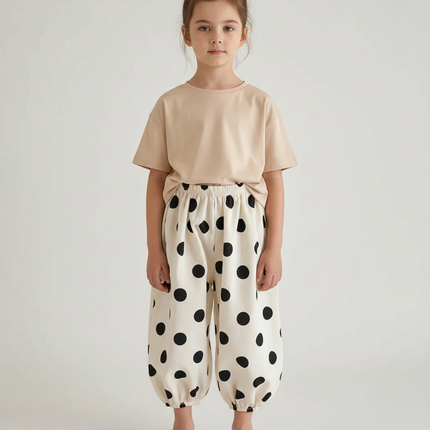 Pantalon Fluide Écru Pois Noirs Ample Coton Enfant - Beige
