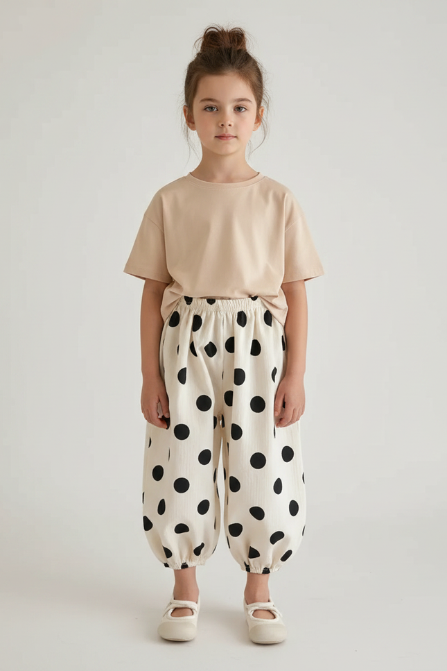 Pantalon Fluide Écru Pois Noirs Ample Coton Enfant - Beige