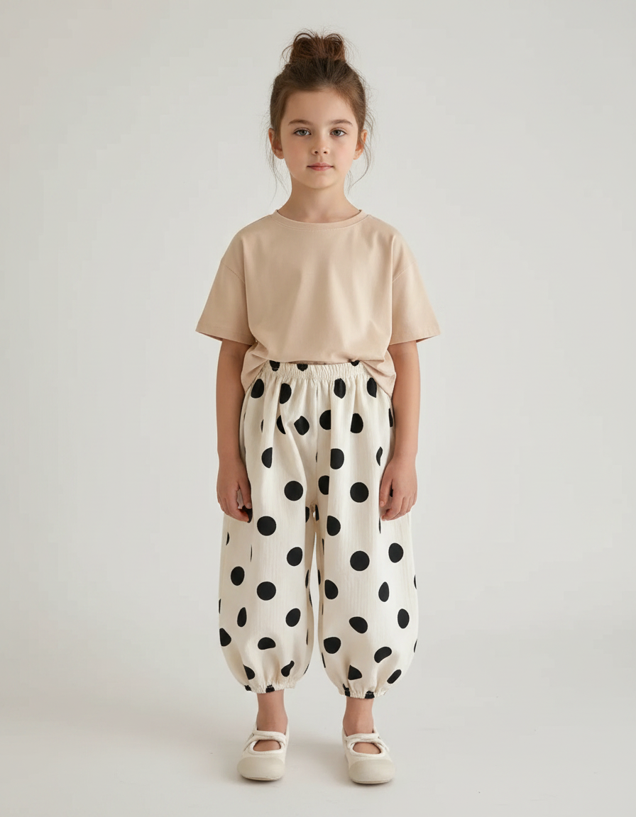 Pantalon Fluide Écru Pois Noirs Ample Coton Enfant - Beige