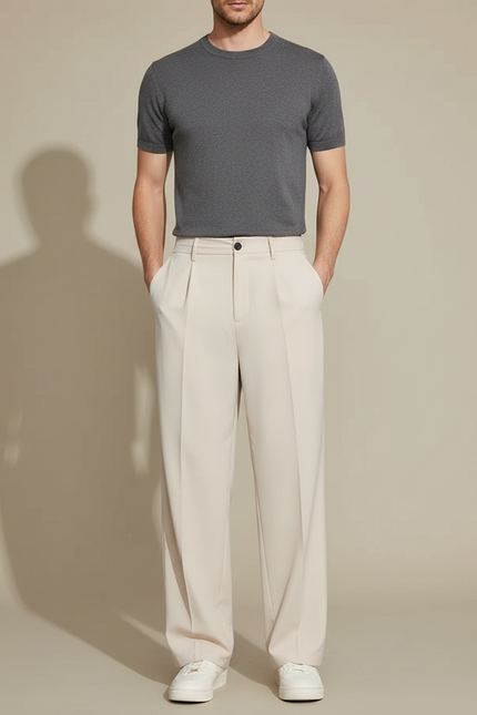 Pantalon Fluide Beige Large Plissé Homme Décontracté - Polyester