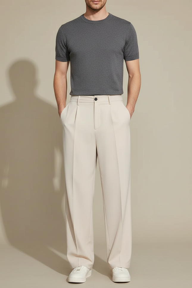 Pantalon Fluide Beige Large Plissé Homme Décontracté - Polyester