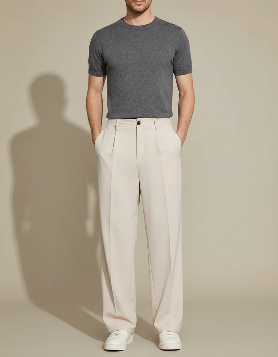Pantalon Fluide Beige Large Plissé Homme Décontracté - Polyester
