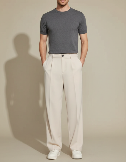 Pantalon Fluide Beige Large Plissé Homme Décontracté - Polyester
