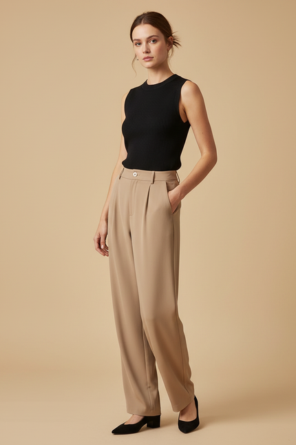 Pantalon Fluide Beige Taille Haute Ample Décontracté - Polyester