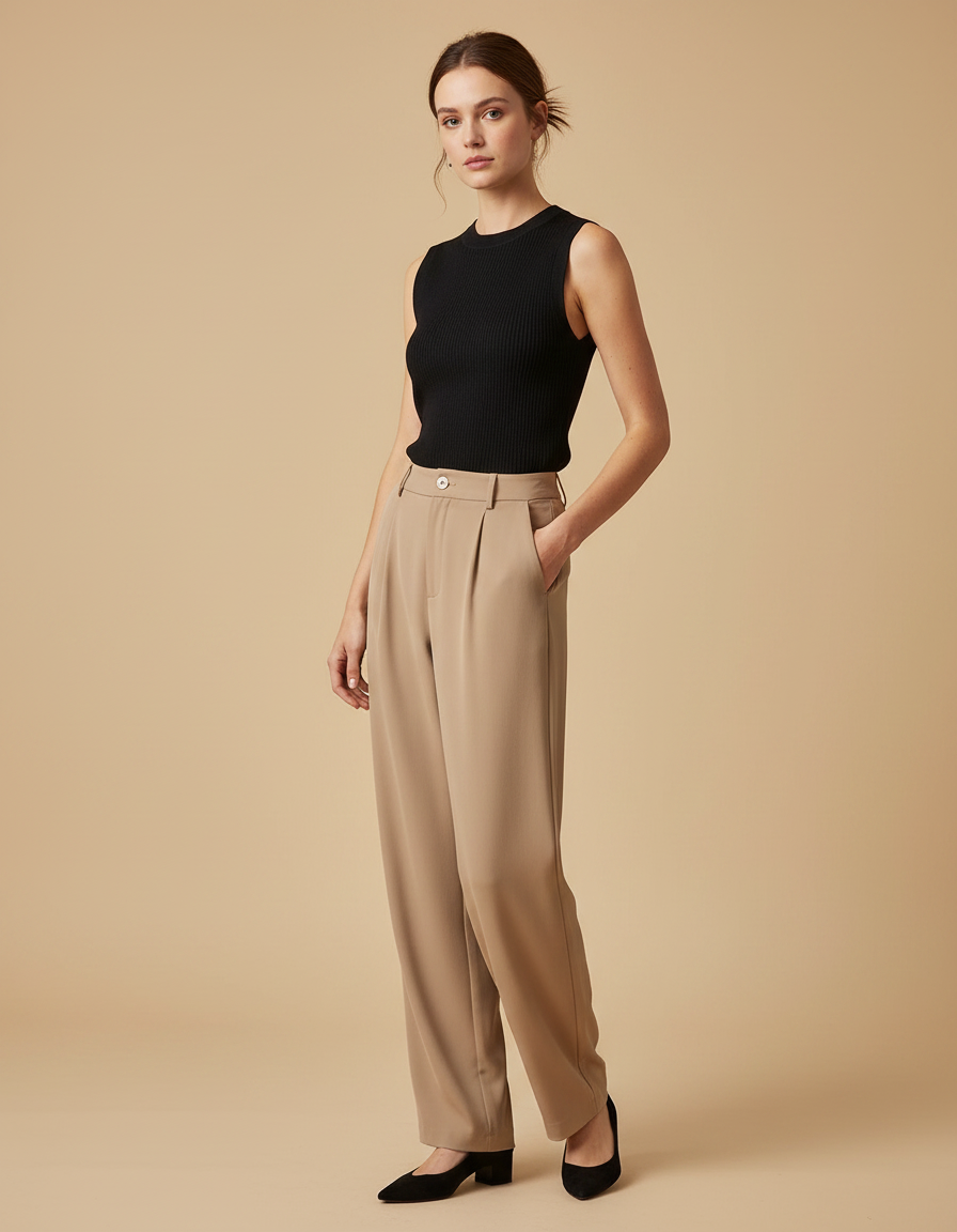 Pantalon Fluide Beige Taille Haute Ample Décontracté - Polyester