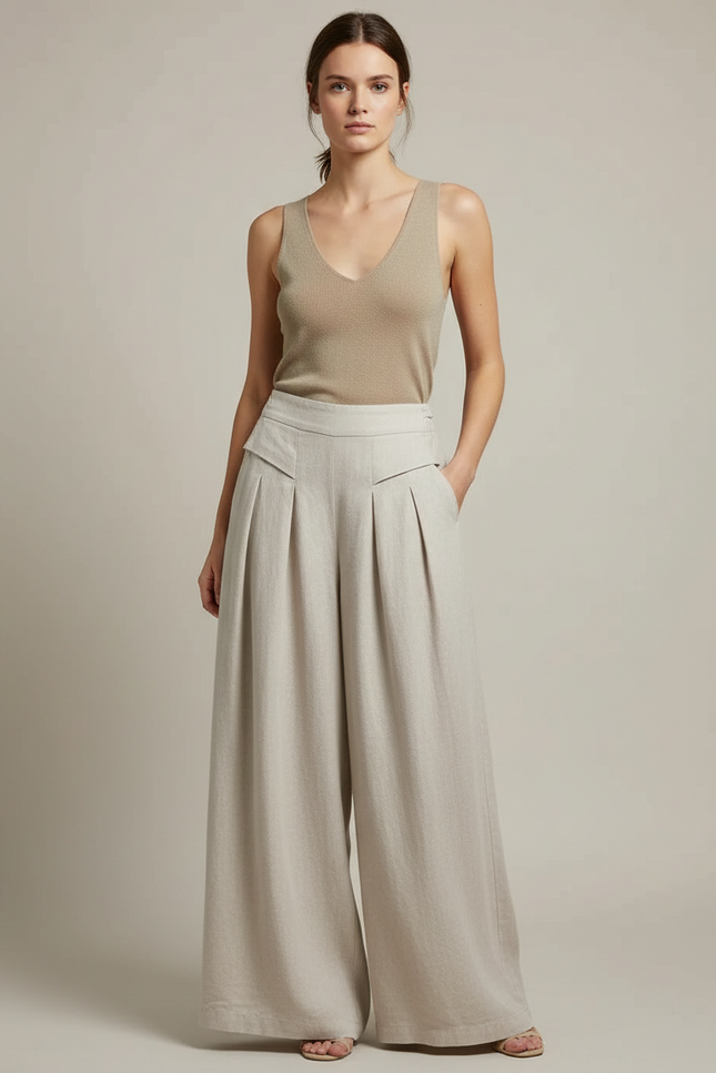 Pantalon Fluide Beige Lin Ample Plissé Élégant