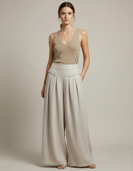 Pantalon Fluide Beige Lin Ample Plissé Élégant