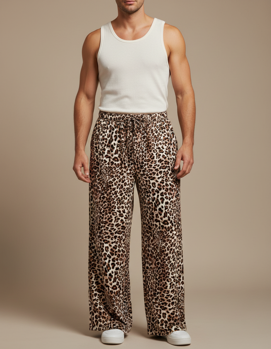 Pantalon Fluide Léopard Imprimé Ample Décontracté Homme - Viscose