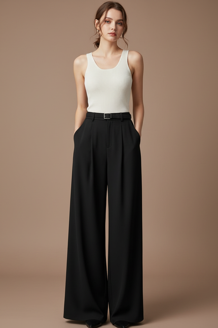 Pantalon Fluide Noir Ample Taille Haute Élégant - Polyester