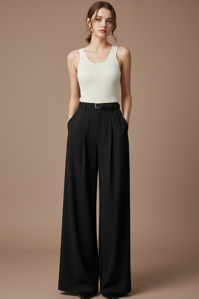 Pantalon Fluide Noir Ample Taille Haute Élégant - Polyester