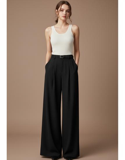 Pantalon Fluide Noir Ample Taille Haute Élégant - Polyester