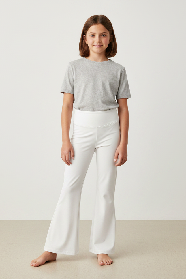 Pantalon Fluide Blanc Évasé Taille Haute Fille - Polyester