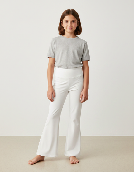 Pantalon Fluide Blanc Évasé Taille Haute Fille - Polyester