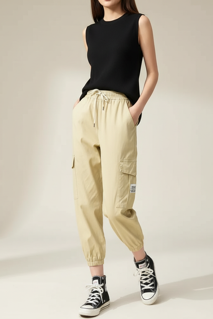 Pantalon Fluide Cargo Kaki Ample Décontracté Coton