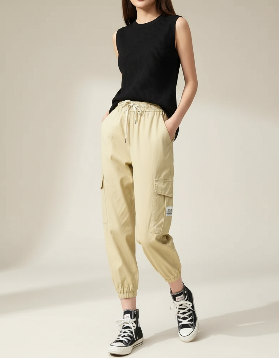 Pantalon Fluide Cargo Kaki Ample Décontracté Coton