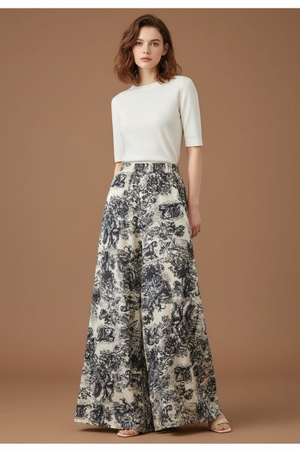 Pantalon Fluide Écru Imprimé Toile Jouy Ample Femme