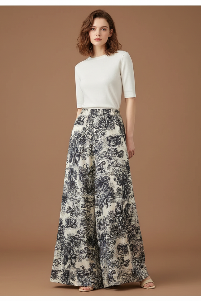 Pantalon Fluide Écru Imprimé Toile Jouy Ample Femme
