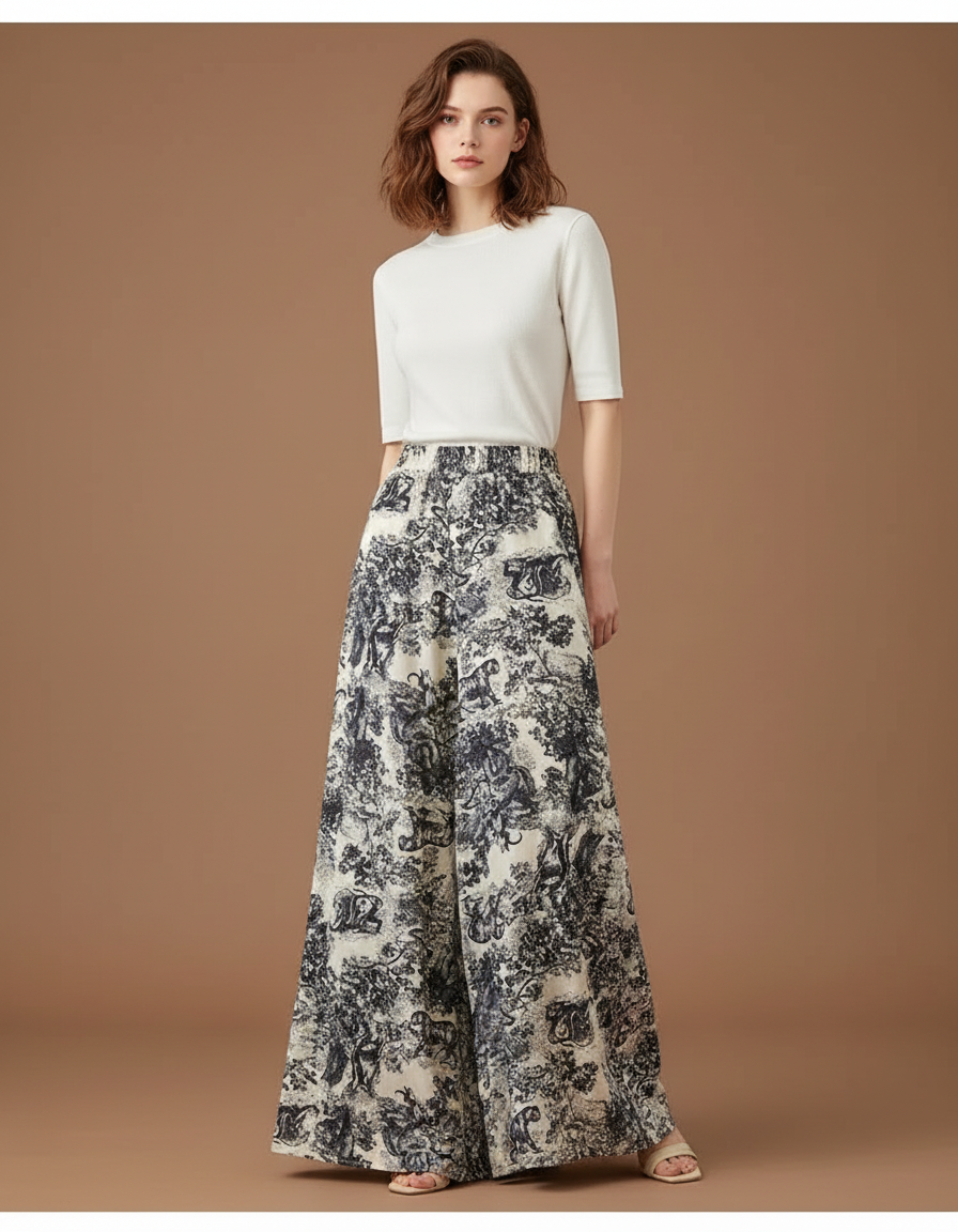 Pantalon Fluide Écru Imprimé Toile Jouy Ample Femme