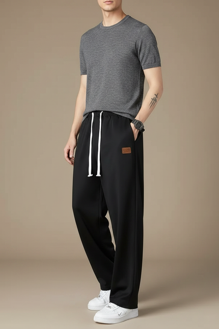 Pantalon Fluide Noir Ample Décontracté Cordon Blanc - Polyester