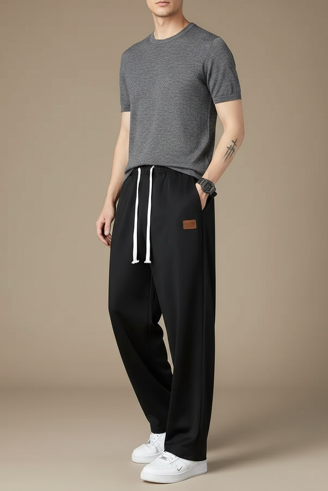 Pantalon Fluide Noir Ample Décontracté Cordon Blanc - Polyester