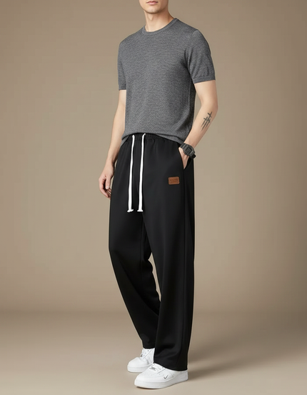Pantalon Fluide Noir Ample Décontracté Cordon Blanc - Polyester