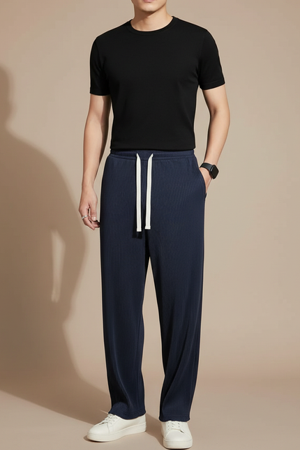 Pantalon Fluide Bleu Marine Plissé Droit Cordon Homme - Polyester